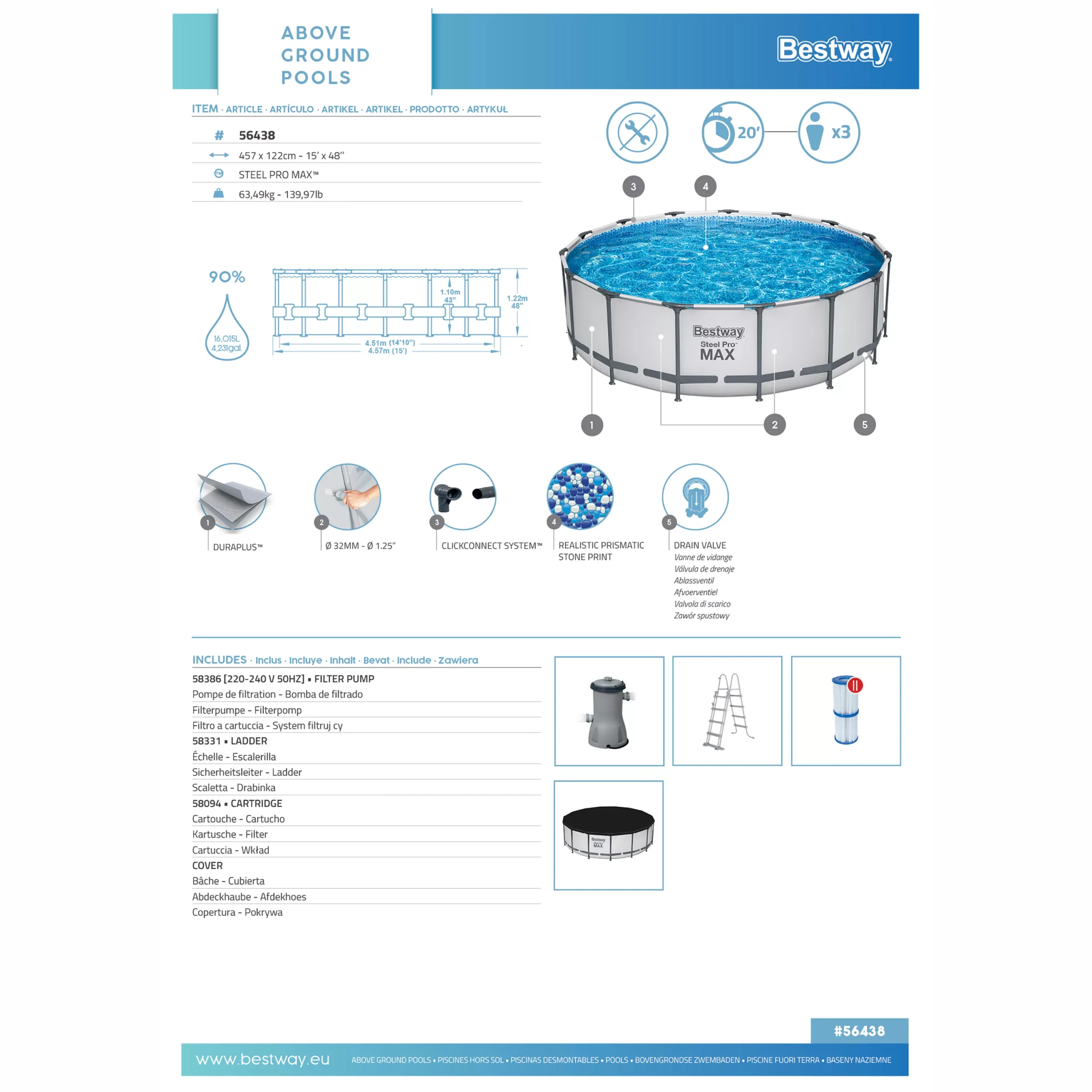 Bestway Steel Pro MAX™ Plain Polyvinyl Chloride (PVC) & Steel Pool (W) 4.57m X (L) 4.57m 3 Bestway Steel Pro MAX™ Plain Polyvinyl Chloride (PVC) & Steel Pool (W) 4.57m X (L) 4.57m - Image 3