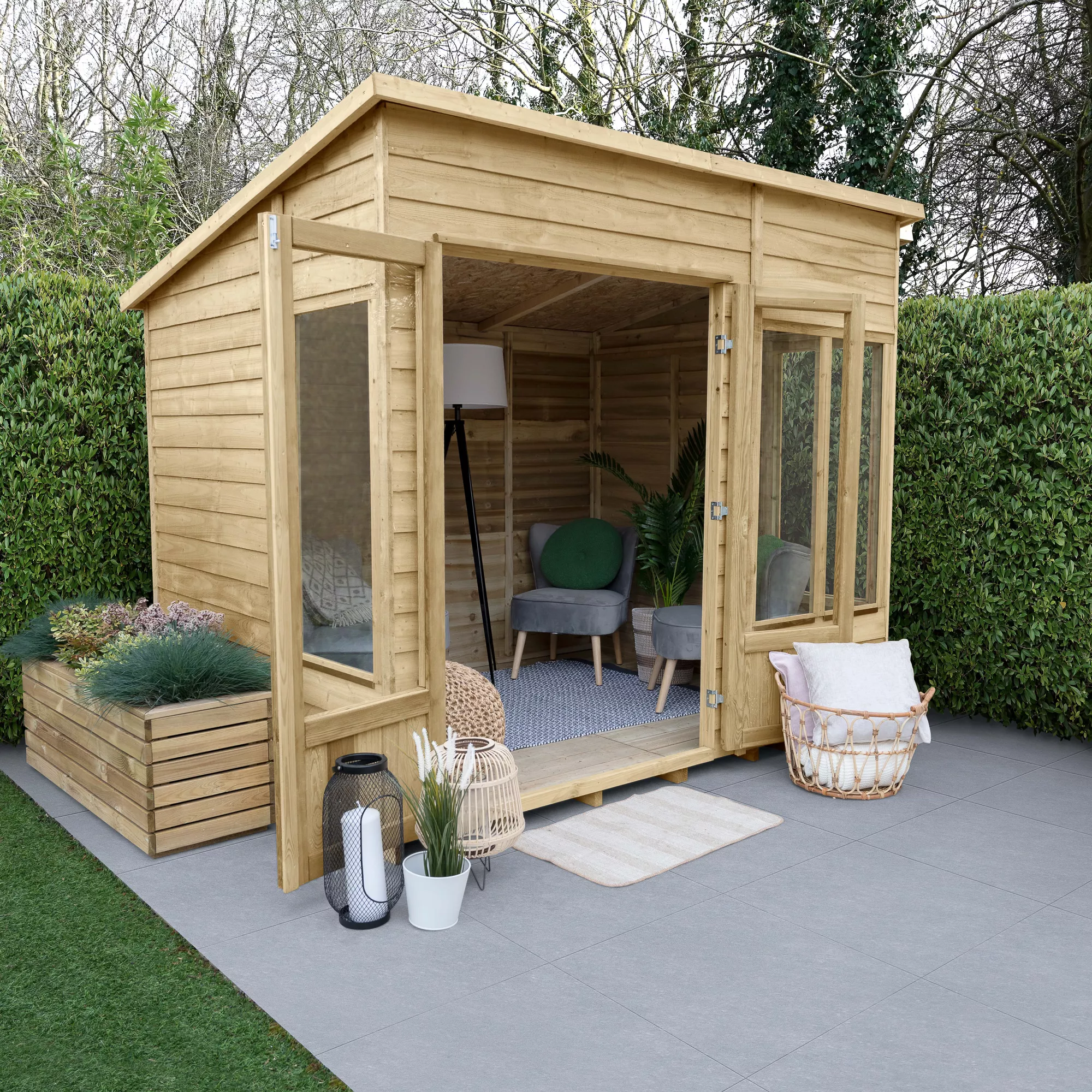 Forest Garden Oakley 8x6 Pent Overlap Solid Wood Summer House With Double Door - Assembly Service Included 1 Forest Garden Oakley 8x6 Pent Overlap Solid Wood Summer House With Double Door - Assembly Service Included