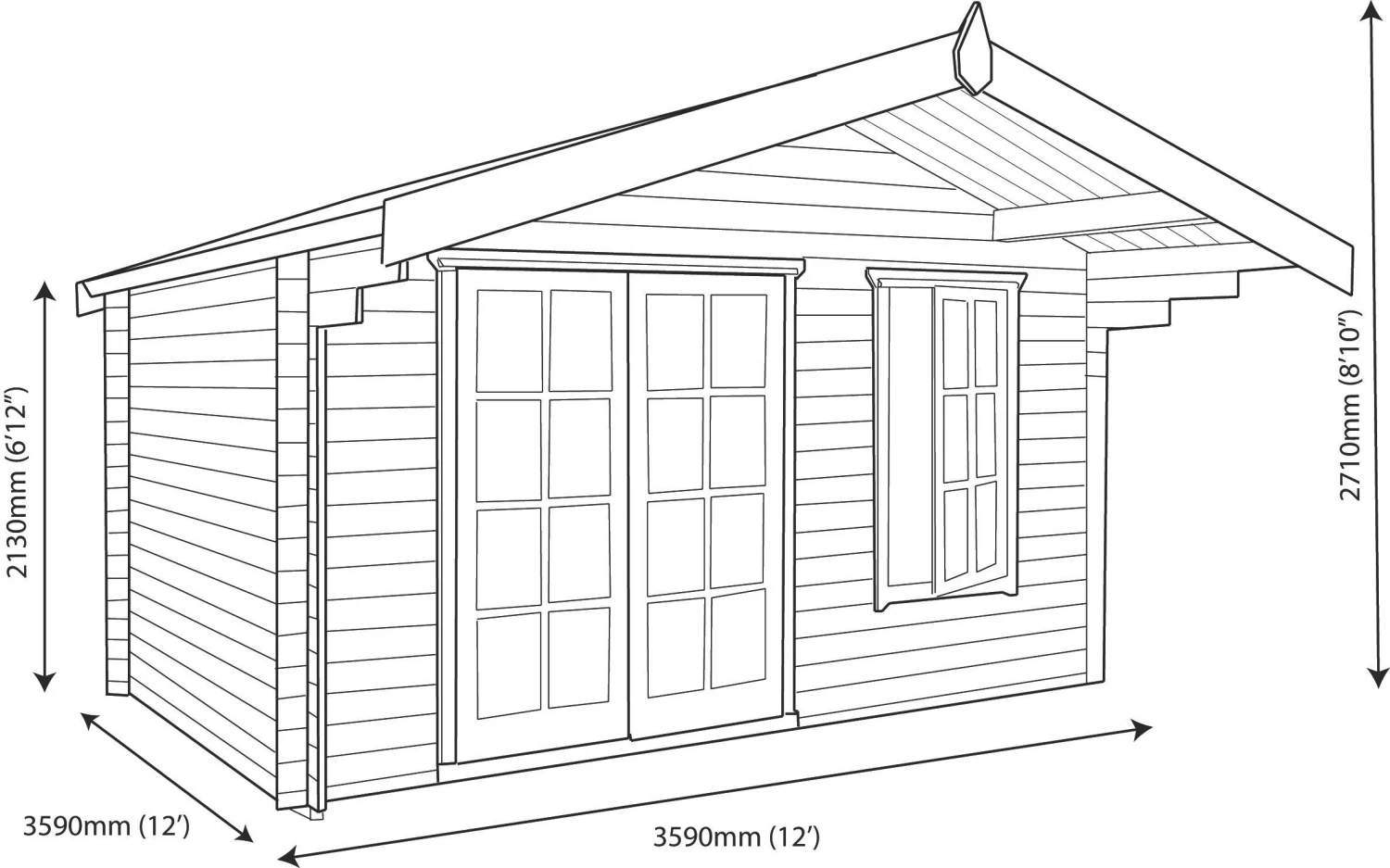 Shire Cannock 12x12 Glass Apex Tongue & Groove Wooden Cabin - Base Not Included 10 Shire Cannock 12x12 Glass Apex Tongue & Groove Wooden Cabin - Base Not Included - Image 10